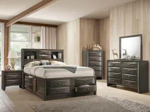 ZOSIMO Transitional  4-Piece Bedroom Set with Drawers & Headboard Bookcase