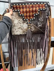 Genuine hand painted leather & cowhide fringe crossbody bag with matching brown checkered strap