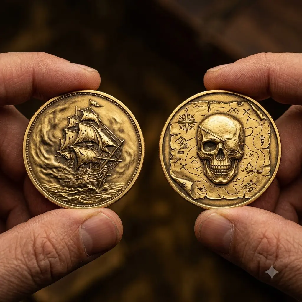 Pirate Ship Brass Challenge Coin - Nautical Themed Treasure Map, Eyepatch, Skull Token - Home Decor Fengshui Ornament Keepsake for Pirate Fan Dads