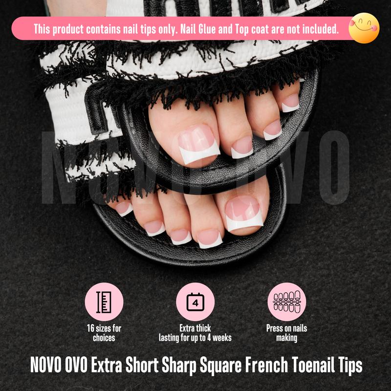 NOVO OVO Extra Short Toe Nail Tips White French Tip BERRY PINK Sharp Square Press On, Soft Gel False Fake Toenail Extension Kit, Need Apply Top Coat Buider Gel Nail Glue, Salon DIY x 16 Sizes 224 Pcs【NO GLUE & TOP COAT INCLUDED】