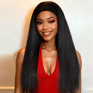 Alrence 20 Inch Long Black Kinky Straight Wig with Headband, Yaki Straight Synthetic Headband Half Wigs for Black Women