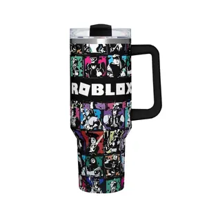 Roblox 40oz Stainless Steel Tumbler with Handle & Straw, TikTok Viral Roblox Aesthetic Cup, Leakproof Vacuum Insulated Travel Mug, Large 40oz Water Bottle Cup for Gaming, School, Gym, Office, Travel, FYP Trend, Cute Gamer Drinkware