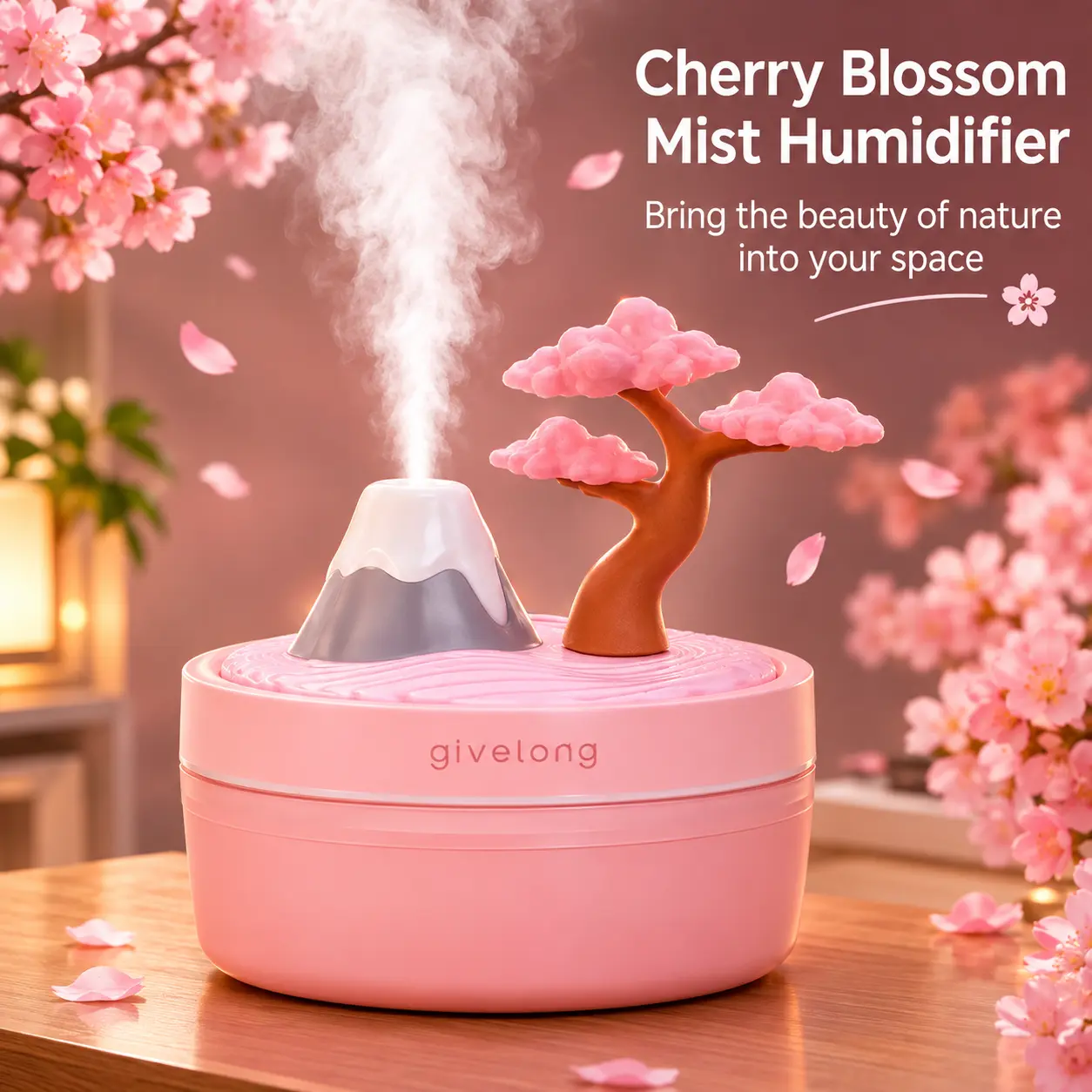 GiveLong Cherry Blossom Volcano Humidifier 400ml Portable Cute Pink Mist with Sakura Tree Decor Whisper Quiet Ultrasonic 2 Modes Auto Shut-Off BPA Free for Home Office