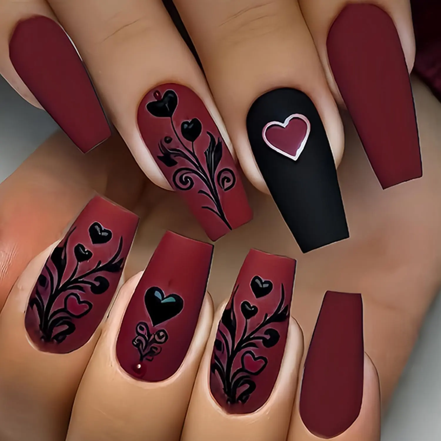 Flower Valentines Press on Nails Medium Fake Nails Black Floral Red Love Design Heart Stick on Nail Full Cover