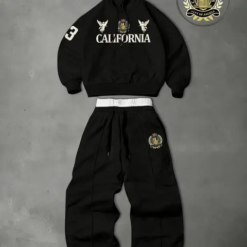 Men's Two-Piece Athletic Set: Sweatsuit Sets Includes a hooded sweatshirt and drawstring trousers, featuring angel and numerical print motifs—perfect for autumn and winter wear.