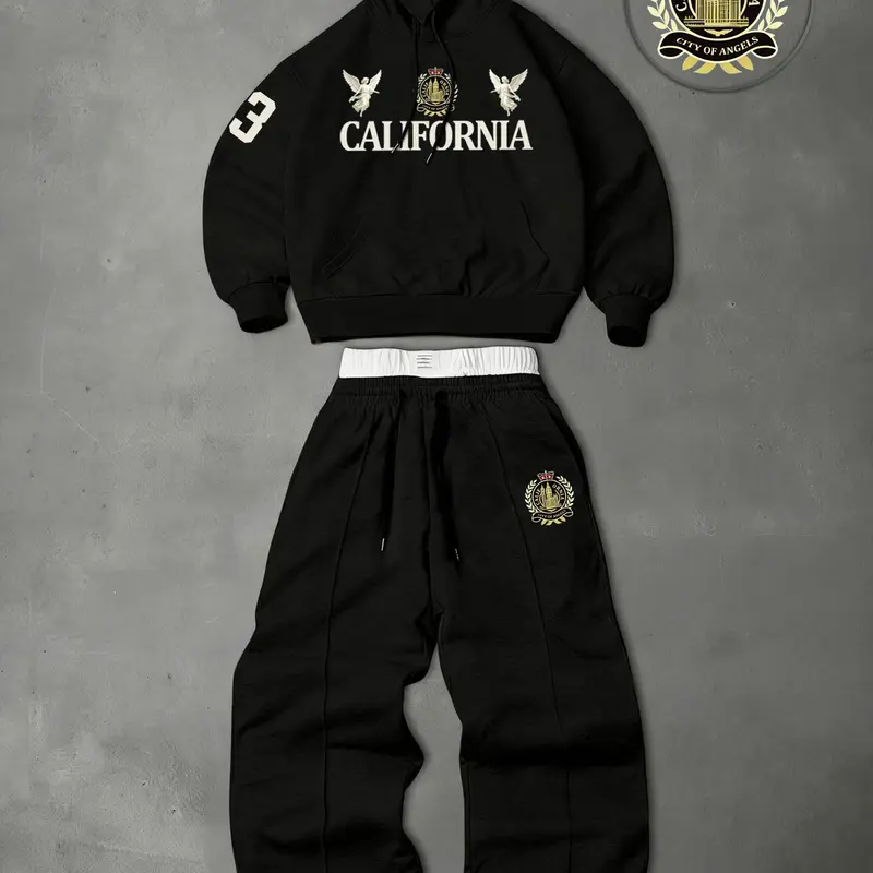 Men's Two-Piece Athletic Set: Sweatsuit Sets Includes a hooded sweatshirt and drawstring trousers, featuring angel and numerical print motifs—perfect for autumn and winter wear.