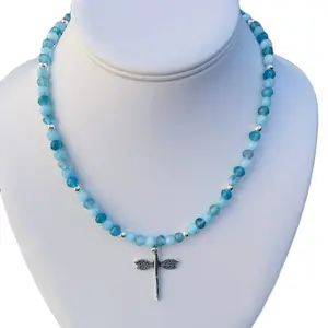 Turquoise and Aquamarine Colored Glass 6 mm Beads with Dragonfly Silver Pendant Necklace for Women