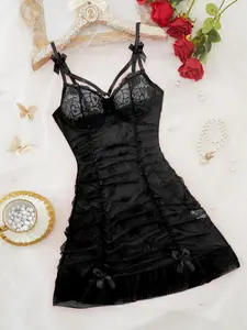 Women's Solid Color Bow Decor Lace Nightdress, Sexy Cami Nightgown for Women, Soft Comfortable Breathable Nighty Dress for Women, Womenswear Nightwear Fitted, Red/Black Color