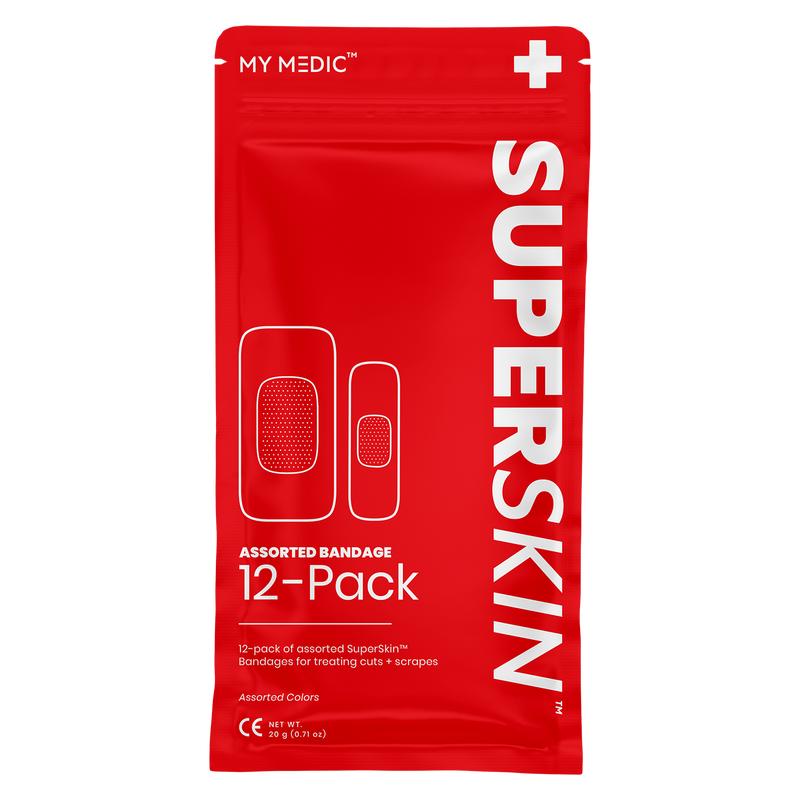MY MEDIC SuperSkin® 12-Pack Assorted Bandages - 5X Stronger Adhesive, Sterile, Latex-Free, Aloe Pad for Fast Healing, 4-Way Stretch Technology - Treat
