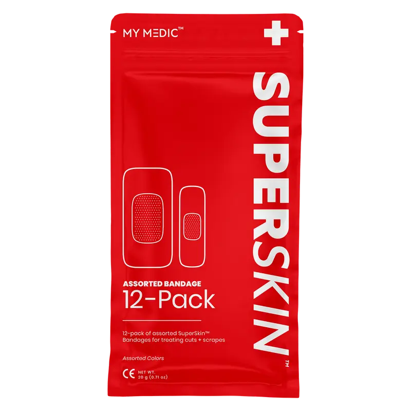 MY MEDIC SuperSkin® 12-Pack Assorted Bandages - 5X Stronger Adhesive, Sterile, Latex-Free, Aloe Pad for Fast Healing, 4-Way Stretch Technology - Treat