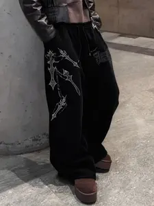 Men's Gothic Weapon Chain Geometric Pattern Wide Leg Casual Streetwear Pants, Floral Slogan Details, Dark Street Style, Soft Comfortable Fabric, Friend Gathering Wear