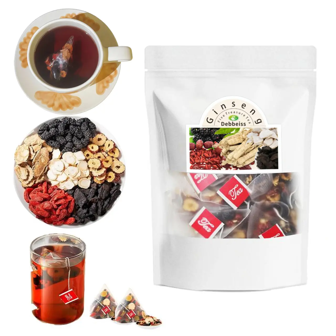 Kidney tea formula Ginseng Five Treasure Tea Blended Fragrant Tea, Five Treasures Tea, Red date and Goji Berry Tea, Suitable for Both Men and women, Natural Herbal Ingredients, Traditional Organic Detox Drink Beverage