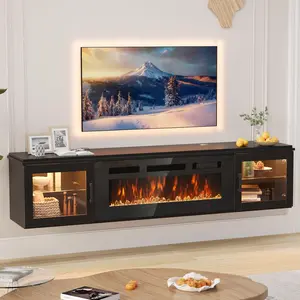 【2 Packages Shipping】oneinmil 70" Floating TV Stand with 36" Electric Fireplace, High Gloss Finish Wall Mounted Fireplace Entertainment Center with Storage for TVs Up to 80", Black TV Stand and Black Fireplace ,WiFi APP Smart Control