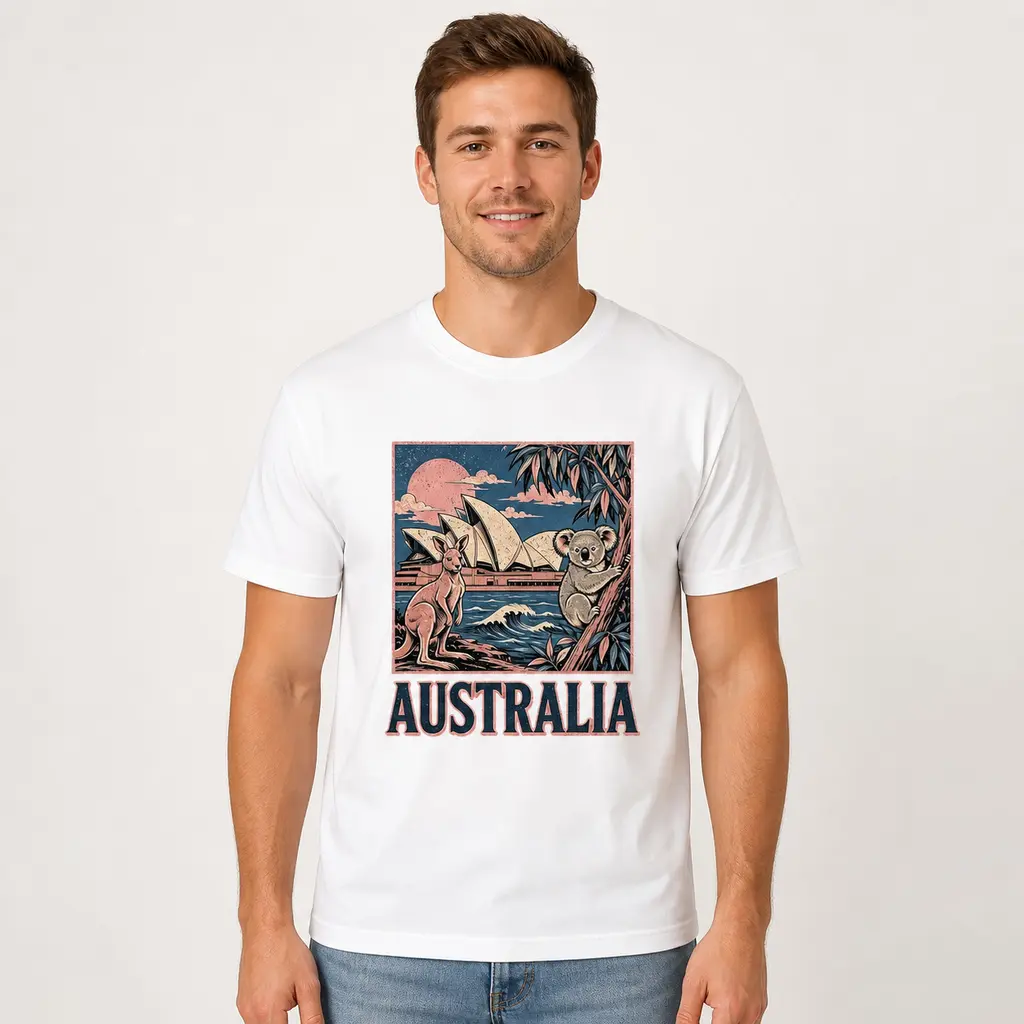 CARPESUN Australia T-Shirt Koala Kangaroo Sydney Opera House Art 220GSM Combed Cotton Australian Pride Unisex Breathable Short Sleeve Oceania Heritage Travel Souvenir Top