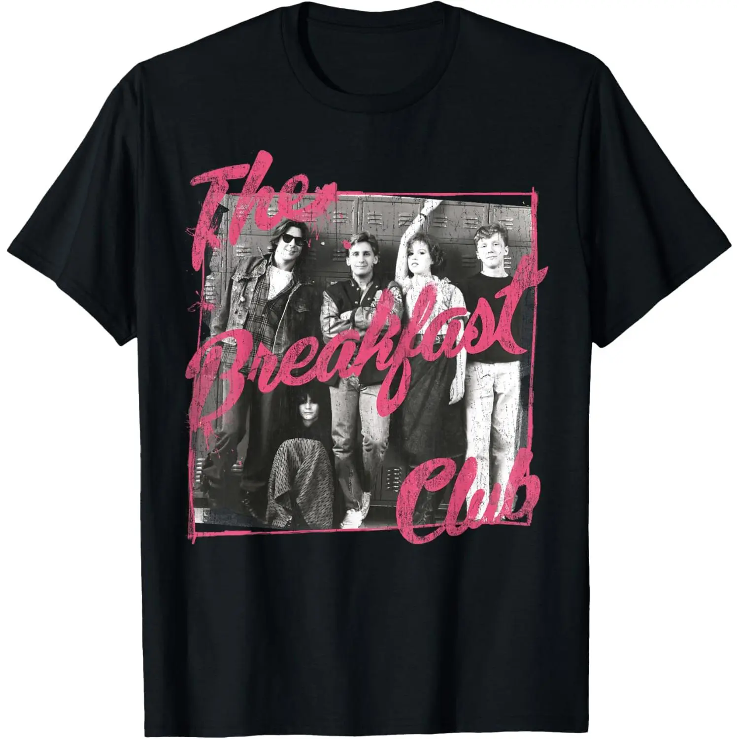 Men's Soft Breakfast Club Pink Text Group Photograph Graphic T-Shirt - Casual Round Neck Short-Sleeve Top for Sports, Streetwear