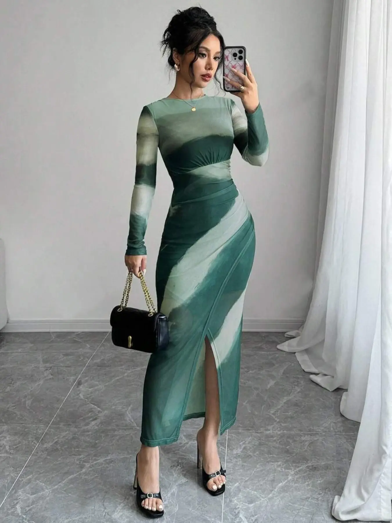 Women's Tie-Dye Print Ruched Slit Mesh Halter Neck Long Sleeve Dress, Bodycon Party Dress, Elegant Chic Slim-Fitting All Seasons Fashion - TikTok Shop Women's Tie-Dye Print Ruched Slit Mesh Halter Neck Long Sleeve Dress, Bodycon Party Dress, Elegant Chic Slim-Fitting All Seasons Fashion - TikTok Shop