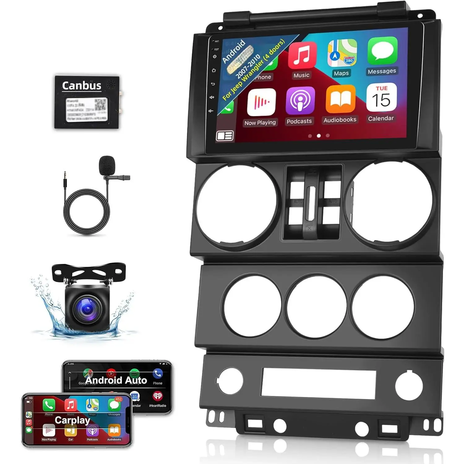 RIMOODY Android Car Radio for 4-Door Jeep Wrangler 2007-2010, 9-Inch Touchscreen 4+64G Wireless Carplay Audio, Android Auto Player, DSP/GPS/WiFi, AHD Backup Camera & Mic, Father's Day Gift