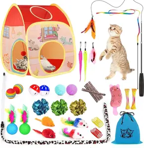 TAIMASI 34Pcs Cat Toys Kitten Toys, Interactive Kitty Toys with Collapsible Cat Tunnels Tent, Cat Wand Catnip Feather Teaser Taimasi
