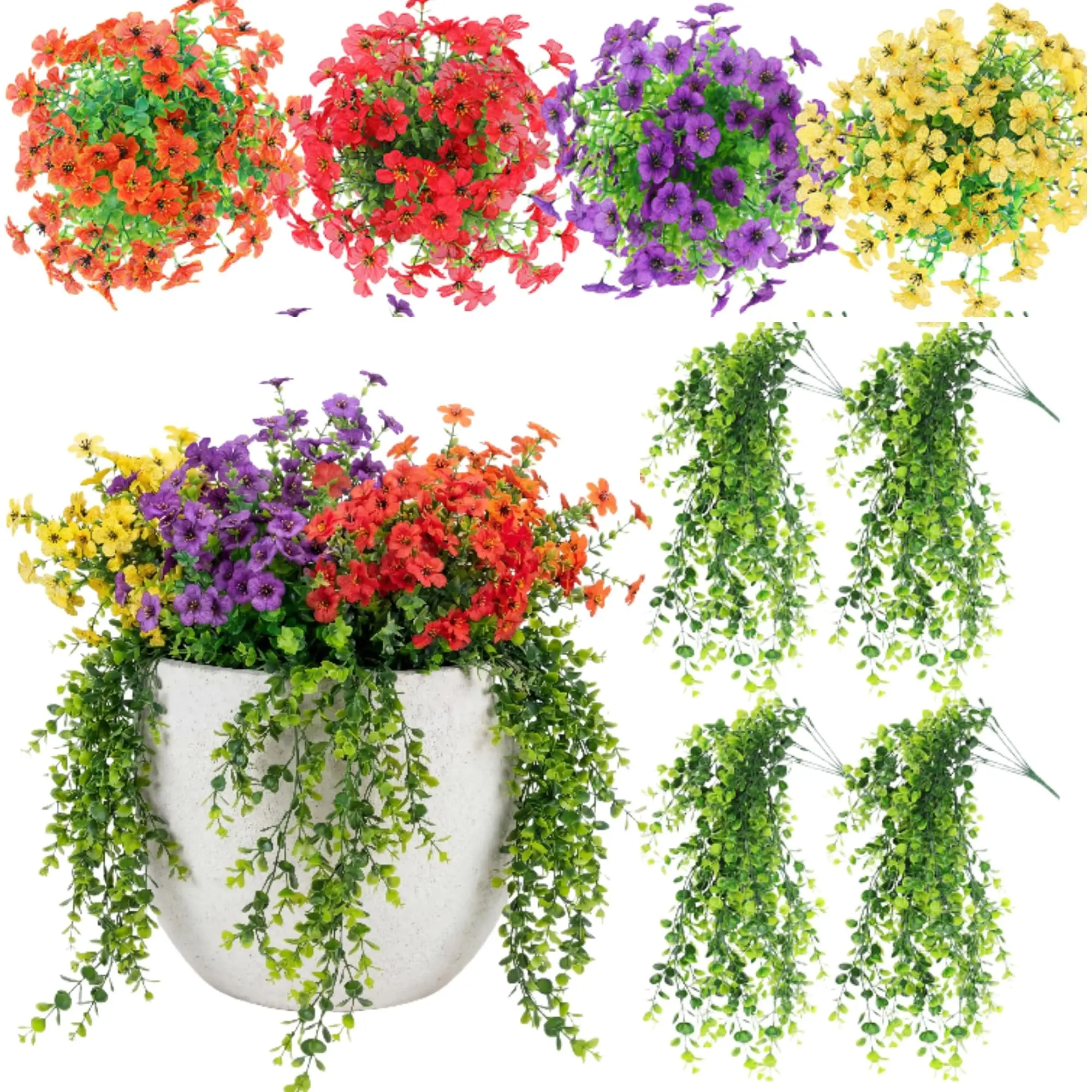 16-Bunch Outdoor Artificial Faux Flowers, UV Resistant Mixed Color Plastic Decorative Fake Flowers, Spring Summer Wildflower Eucalyptus Vine Hanging Decor