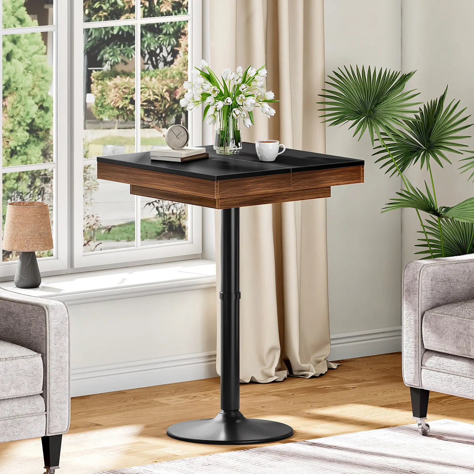 HOOBRO Bar Table, Sliding-top Pub Table with Storage, Bar Table with Sliding Tabletop and Storage Drawer, Counter Height Dining Table with Storage Drawer, for Kitchen, Apartment, Balcony, Bar, Small Places, Black and Walnut BH06BT01 #SummerVibes