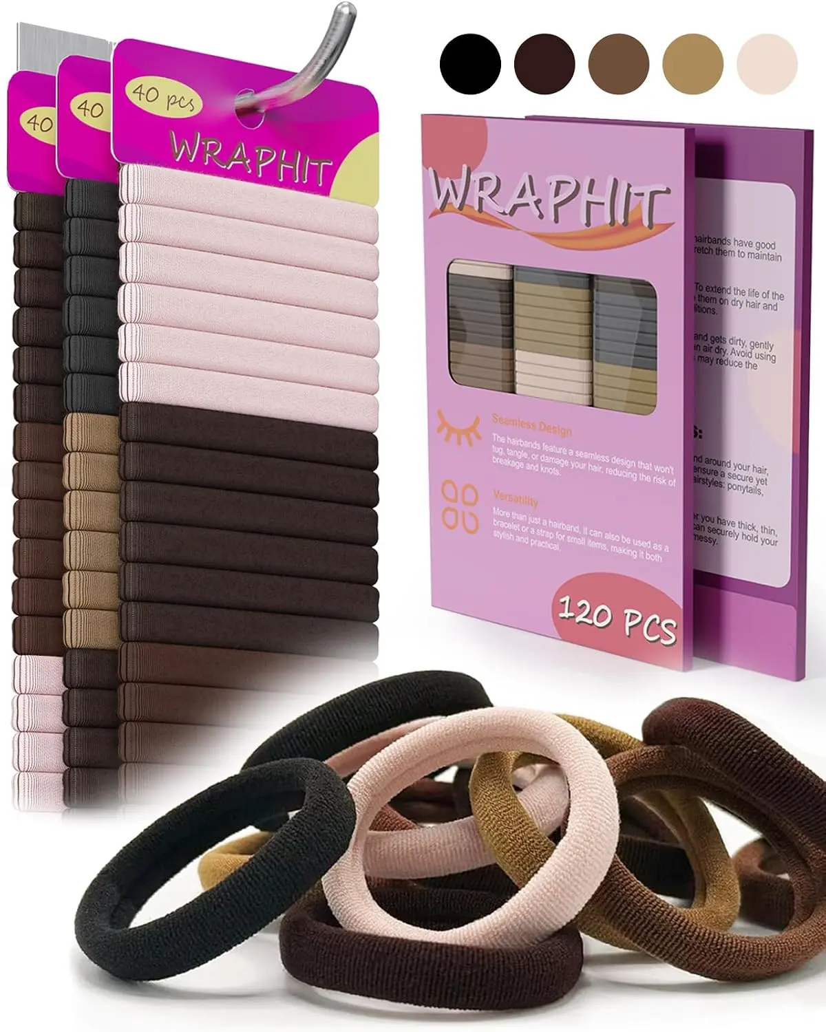120pc Hair Ties No Damage Snag Free for Thick Hair | soft,ouchless,seamless,thick,strong hold,no-slip grip,elastics ponytail holders for women(Classic 5 Colors)
