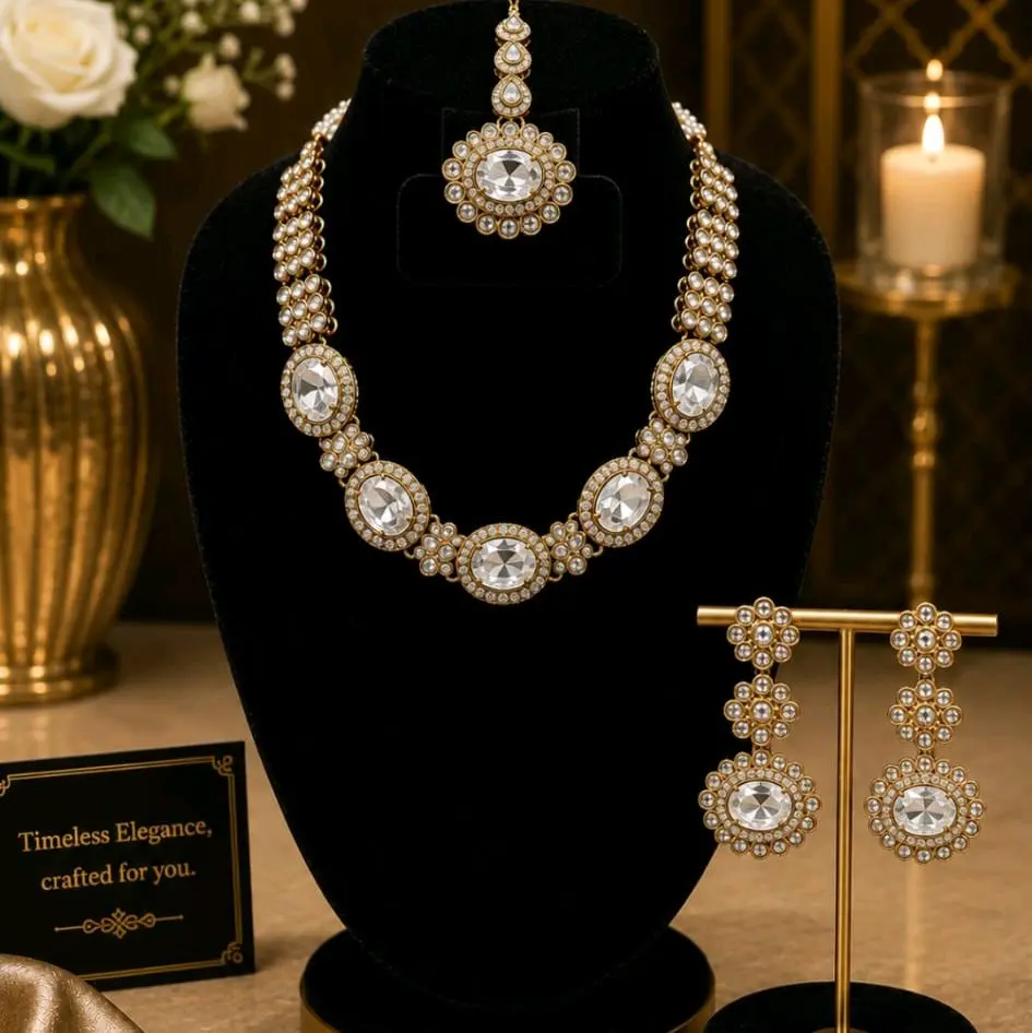 Polki Kundan 3-Piece Stone Jewelry Set, Popular Female Wedding Necklaces for Women, Ideal Gifts for Women