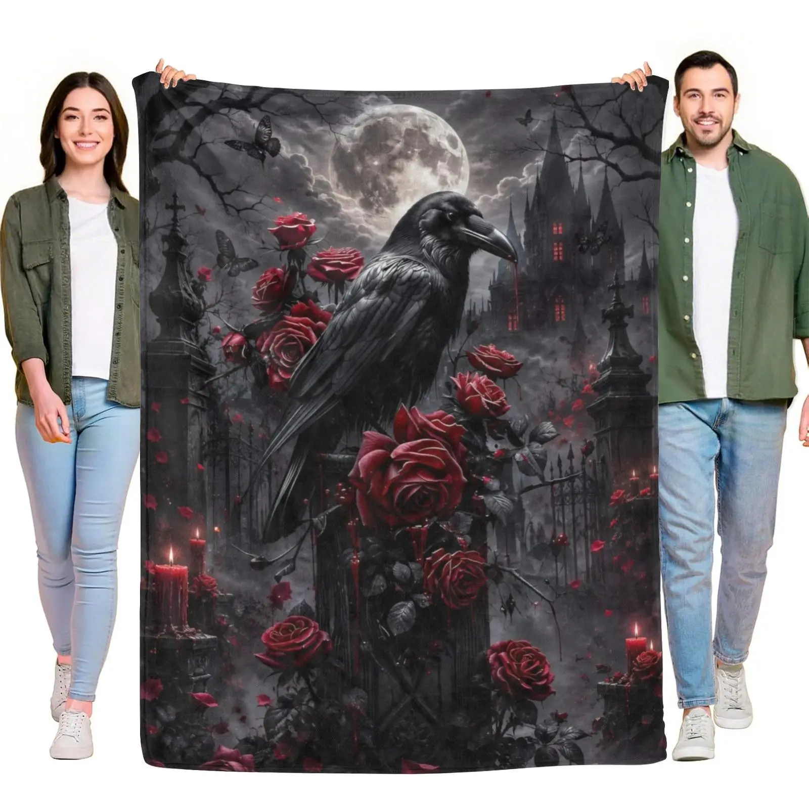 Dark Gothic Raven Red Rose Full Moon Cemetery Castle Throw Blanket, Dark Academia Witchy Spooky Vintage Soft Flannel Blanket for Gothic Aesthetic Bedroom Decor
