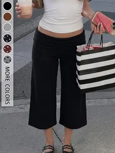 Women's Mid Low Waist Elastic Turn-Up Leggings, Casual Loose Fit Capri Pants, Comfortable Spring Summer Yoga Wear, Available in 3 Colors, Casual Lounge Pants