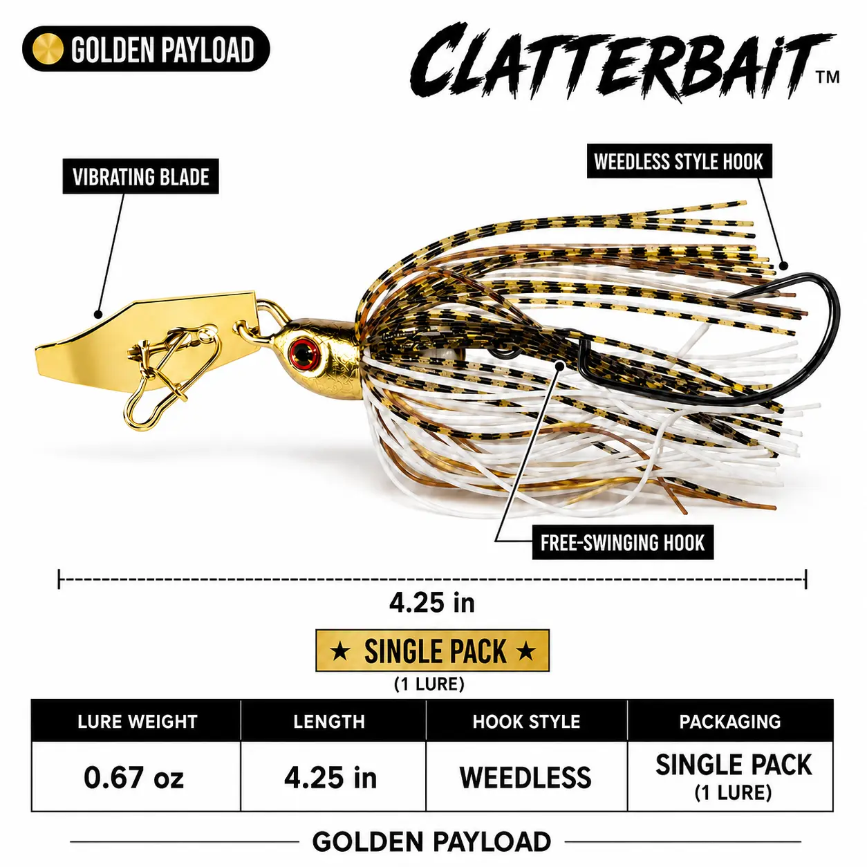 Clatterbait Golden Payload Weedless Vibrating Swim Jig for Bass Fishing