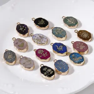 10pcs Random Natural Crystal Semi-Precious Stone Oval Gold-Edged Pendant Diy Handmade Earrings Necklace Bracelet