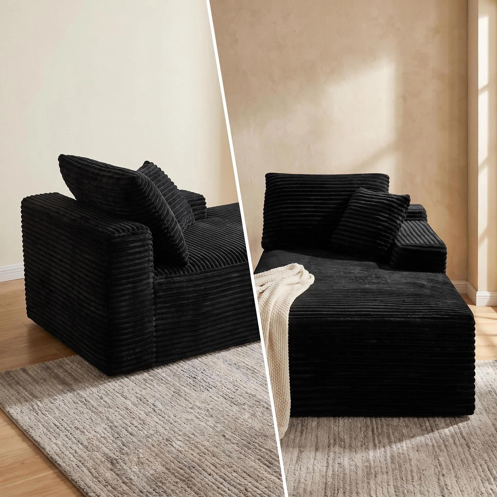 Chaise Lounge Chair Indoor Sleeper Black Corduroy Modular Sofa Couch, Legless Floor-Hugging Armless Accent Chair for Living Room Bedroom, No Assembly Required