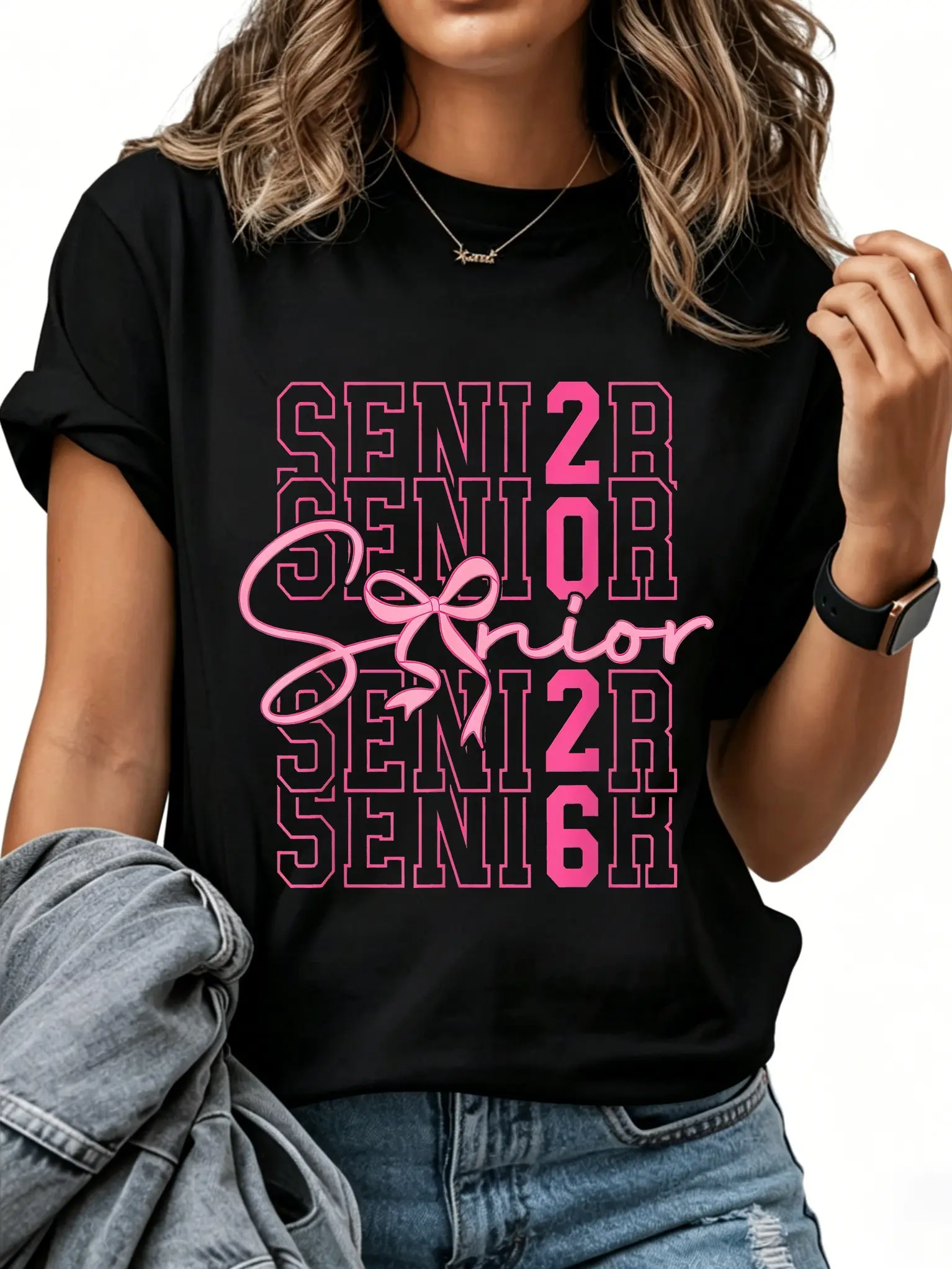 100% Cotton Class Of 2026 Coquette Bow Senior 2026 Graduation Women's T-Shirt, Comfortable Short-Sleeve Top, Breathable Fabric, Stylish Casual T-Shirt