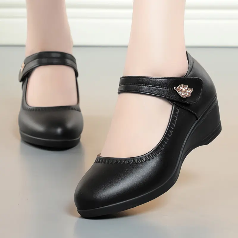 CushHide Women's Chunky Heel Loafers - Metal Buckle Edge, Buckle-Secure Fit, Comfortable Thick Sole, Lightweight Breathable Work & Casual Shoes for Wide Widths, Versatile Black Footwear Casual Shoes Korean Chunky Versatile Shoes Wedding Shoes