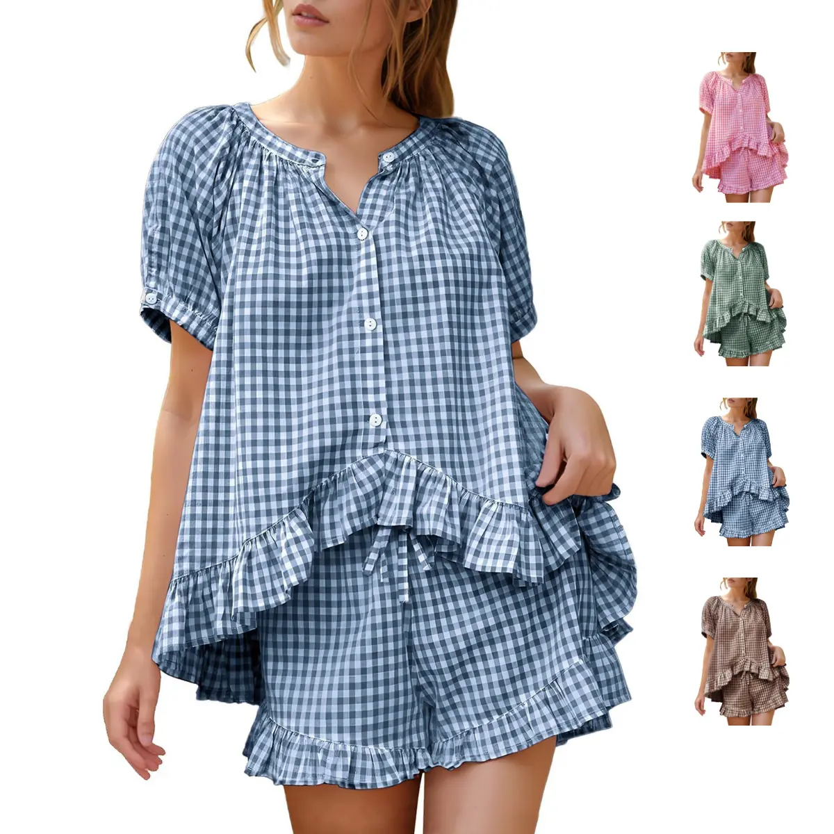 Ommig Women's Gingham Pajamas Set 2 Piece 100% Cotton Pjs Lounge Sets Y2K Vacation Casual Summer Babydoll Sleepwear with Pockets Outfits Homewear