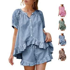 Ommig Women's Gingham Pajamas Set 2 Piece 100% Cotton Pjs Lounge Sets Y2K Vacation Casual Summer Babydoll Sleepwear with Pockets Outfits Homewear