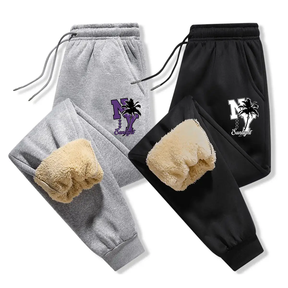Men's Chic Body-Fitting Sweatpants, Warm Fleece-Lined Winter Trousers with a Minimalist Digital Print for Casual Holidays, Fitted