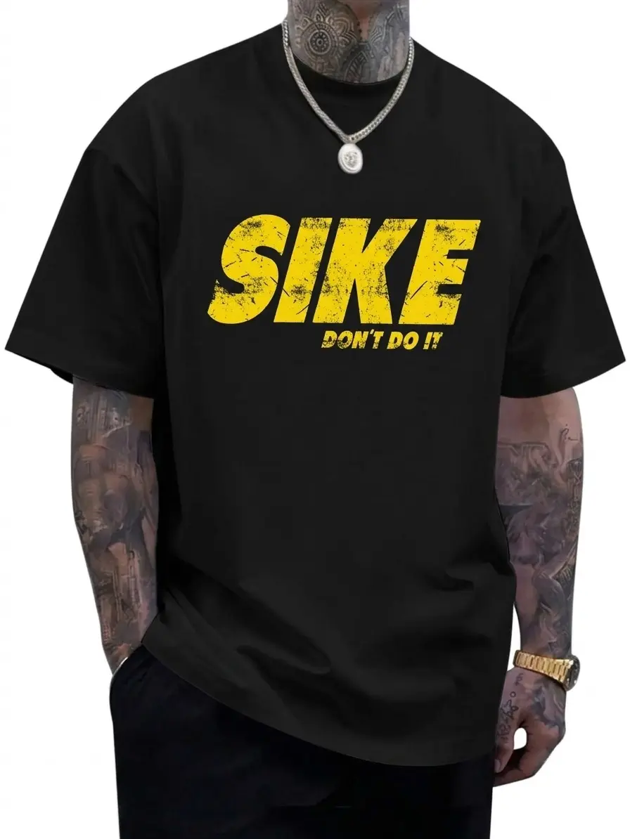 Men's Soft Lightweight Cotton Short-Sleeve Graphic T-Shirt - Distressed Yellow "Sike Dont Do It" Meme Classic Menswear Casual Street Top
