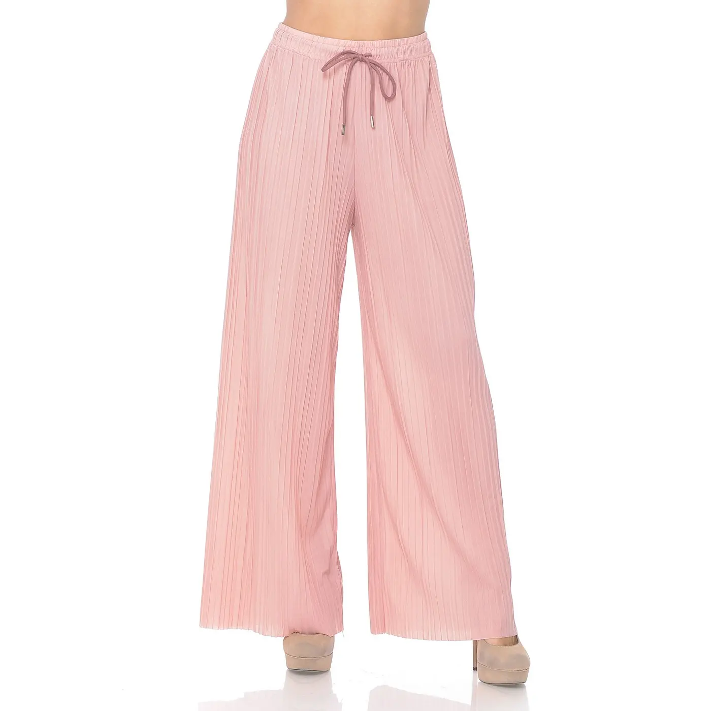 Auliné Collection Womens Solid Waistband Long Pleated Chiffon Palazzo Pants Bottom Comfort Casual Drawstring Wide Leg Loungewear