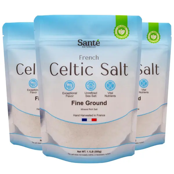 Sante Naturelle Celtic Salt Organic Fine Ground - 1.1lb (18oz) Pack of 3, Unrefined French Mineral Sea Salt, Rich in 82+ Minerals Salt, 100% Natural & Hand Harvested Sal Celtica