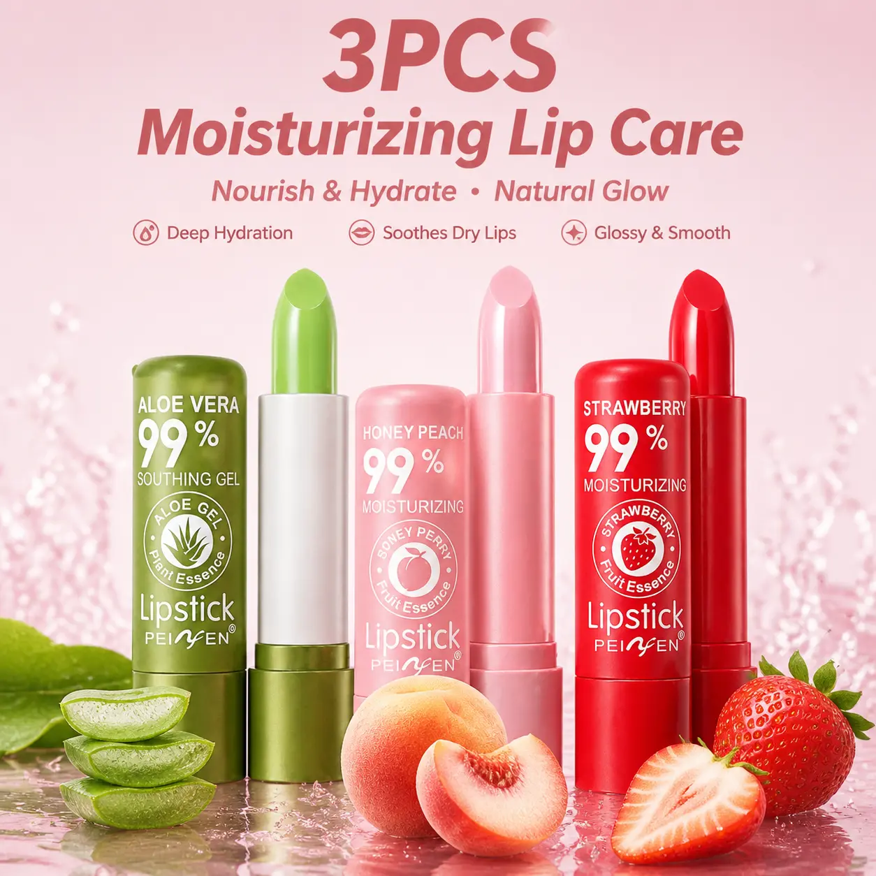 3 Pack Magic Color Changing Lip Balm Set, Fruit Flavor Moisturizing Lip Tint, Aloe Vera Strawberry Peach Lipstick Balm, Hydrating Glossy Lip Care Gift Set