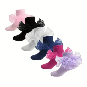 Cute ruffled socks, 6 pairs, girls' lace short socks |       Large ruffle design, solid color, 80% polyester 20% spandex, hand wash only - perfect birthday parties and dance events