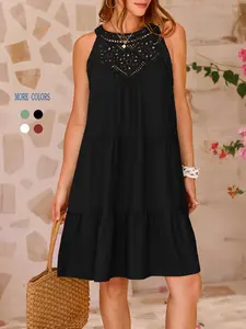 USBOUTIQUECHIC Women's Elegant Embroidery A-Line Dress - Daily & Special Occasion Midi Dress with Flared Hem in Classic Black