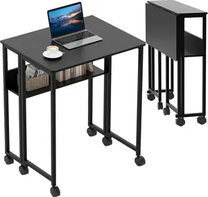 24.8 in Modern Foldable Stable Computer Desk, with Storage Shelf, Wheels, Steel Base, Easy Setup, for Small Space Home Office or Study