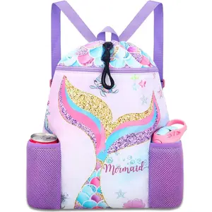 X-CBP07  Mermaid Swim Bags for Kids - Drawstring Backpack for Girls Beach Swimming Pool Lightweight Draw String Bags Waterproof Sports Gym Bag With Two Water Bottle Holder