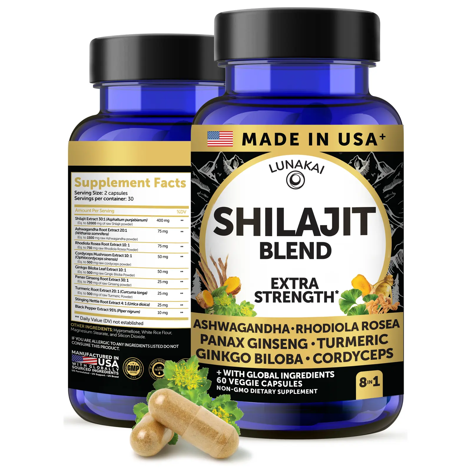 Lunakai Pure Shilajit Capsules 12000mg with Ashwagandha, Rhodiola & Cordyceps, 60ct Dietary Supplement for Optimum Fitness Healthcare Natural
