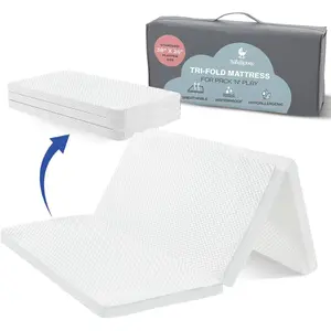 Waterproof Pack and Play Mattress Topper 38" x 26" x 1.5" Trifold Breathable Soft Plush Foam Portable Baby Foam Mattress