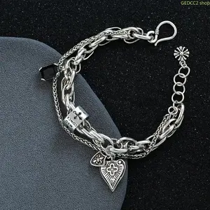 925 Sterling Silver Charm Bracelets for Women & Men, Vintage Heart & Cross Pendant, Stackable String Bracelet Set, Trendy Party Jewelry Gift