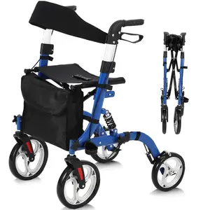 Walker for Seniors, Rollator Walker with Seat, Shock Absorber, Rubber Wheels All Terrain Rollator Walker, Lightweight Aluminum Walkers with Backrest Outdoor Foldable Adjustable Height for Seniors Durable Folding Scooter
