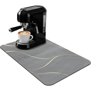 Coffee Mat 19x12 Inch, Irregular Gray Streamline Coffee Bar Mat, Absorbent Hide Stain Rubber Backed Dish Drying Mat for Kitchen Counter, Mat for Countertops, Under Coffee Machine Pot Espresso Staion