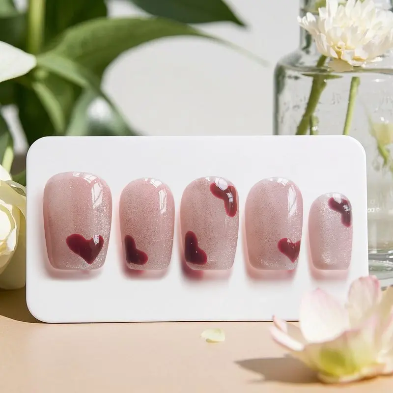 Square Press on Nail Acrylic Short Fake Nails Pink Love Heart Full Cover Loveful Nails False Nails for Women and Girls 10PCS Acrylic Press Nails